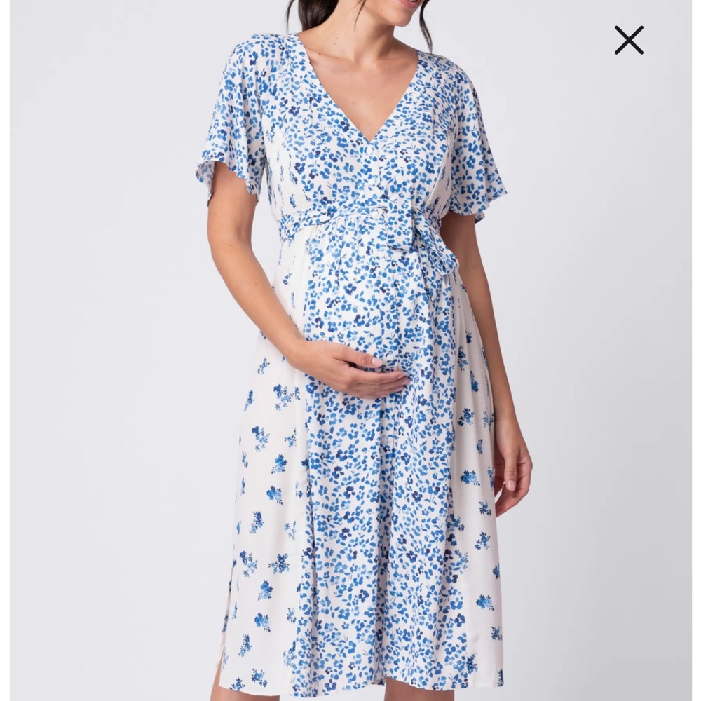 Seraphine Blue Floral Maternity and Breastfeeding Midi Dress with Zippers
